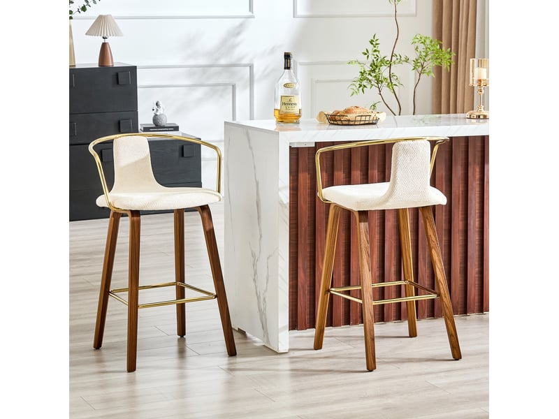  Lot de 2 tabourets de bar 42 cm avec accoudoirs ergonomiques, pieds en bois et repose-pieds en métal, couleur blanc  - Conforama D