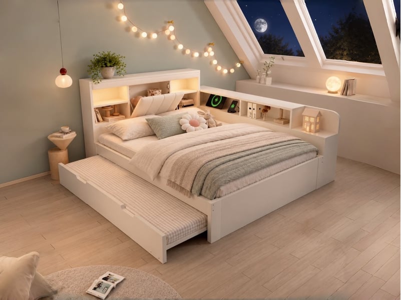  Lit gigogne 140 x 200 cm, sommier à lattes, cadre en bois, avec liseuses, ports usb et étagères, tête de lit en pu, blanc  - Conforama B