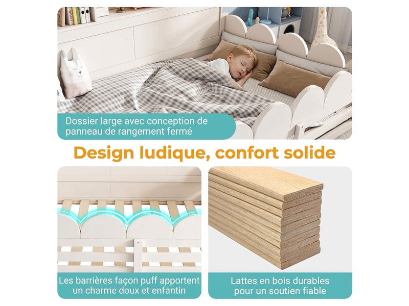  Lit au sol enfant 140x190 blanc en bois avec barrière et porte  - Conforama R