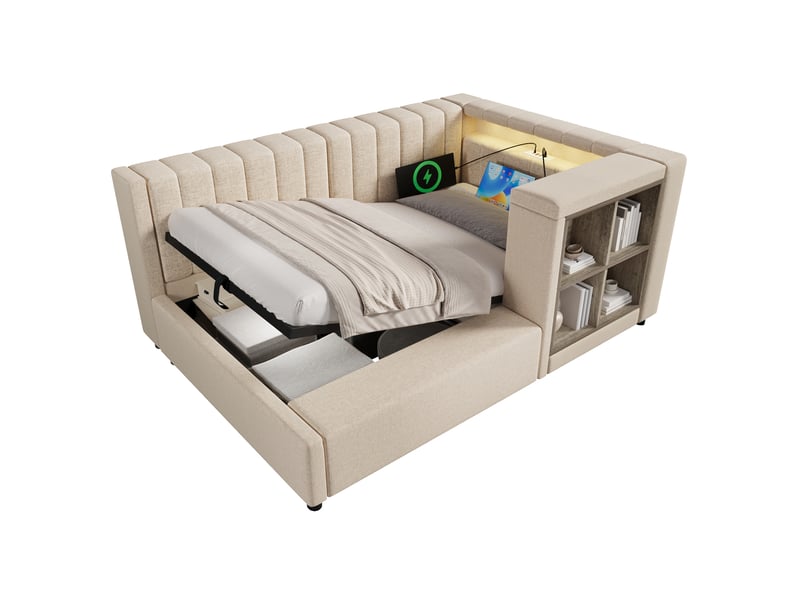  Lit banquette coffre 90x200 cm, banquette-lit, ouverture hydraulique, éclairage led, ports usb et type-c, sommier à lattes, lin beige CozyNest - Conforama A