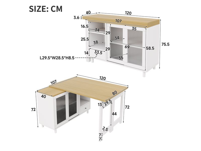  Table à manger extensible pliante nature+blanc, avec rangement, panneau vitré, pivotante à 360°  - Conforama C
