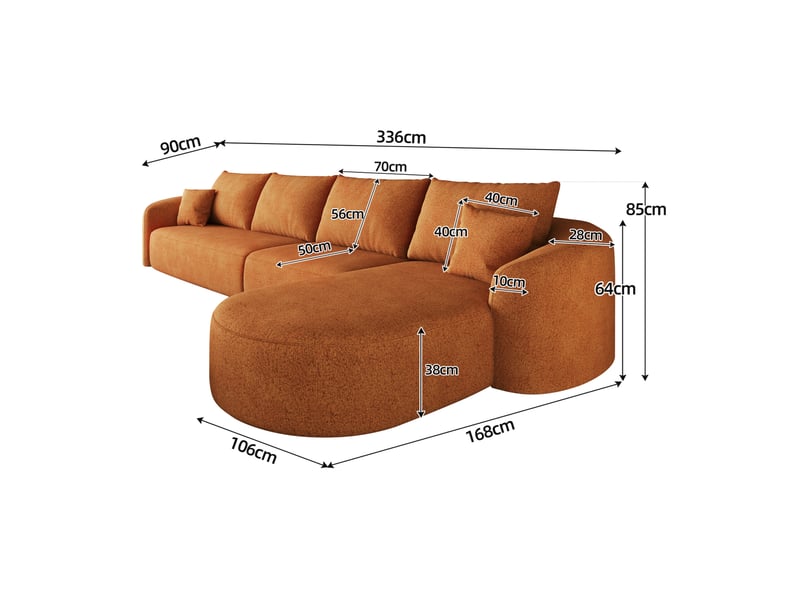  Canapé d’angle tcqpz 4 places 336 x 168 x 85 cm sans montage tissu chenille orange  - Conforama C