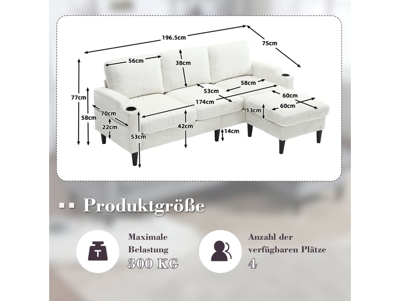  Canapé 4 places 196.5x75x77 cm, porte-gobelets, avec pouf et rangement, couleur beige  - Conforama C