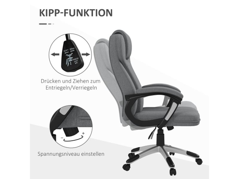  Chaise de bureau ergonomique en lin gris, appui-tête, accoudoirs, inclinable, 66x75x110-120 cm  - Conforama D