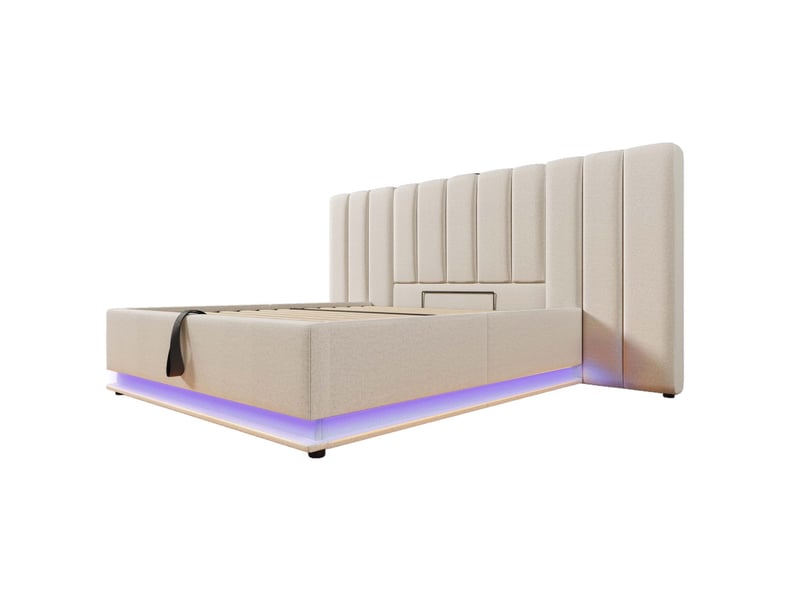  Lit coffre adulte 160x200 cm – beige – led connectée, ports usb et usb-c, sommier à lattes, sans matelas  - Conforama D