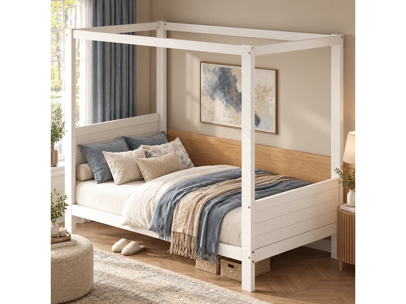  Lit cabane enfant 90 x 200 cm en bois et mdf blanc avec structure personnalisable, tête de lit surélevée et rangement sous le lit sans matelas  - Conforama C