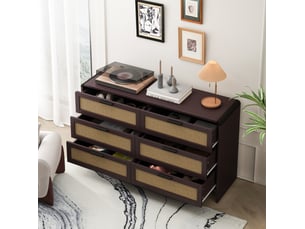 Meuble de rangement 6 tiroirs en cannage naturel marron rougeâtre 130 x 40 x 74 cm