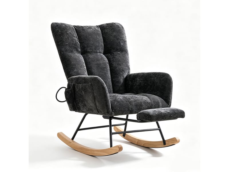 Chaise à bascule ergonomique en tissu chenille noir avec repose‑pieds rétractable, poche de rangement, structure métal et bois massif, charge 120 kg - Conforama A