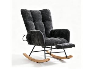 Chaise à bascule ergonomique en tissu chenille noir avec repose‑pieds rétractable, poche de rangement, structure métal et bois massif, charge 120 kg