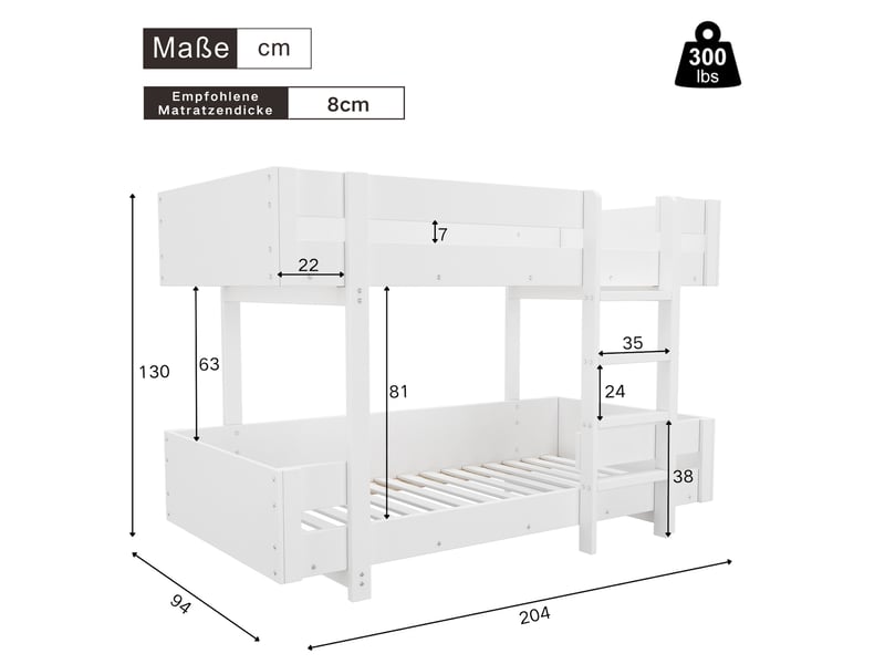 Lit superposé enfant 90x200 cm avec escalier, garde-corps renforcé, bois mdf blanc sans matelas - Conforama C