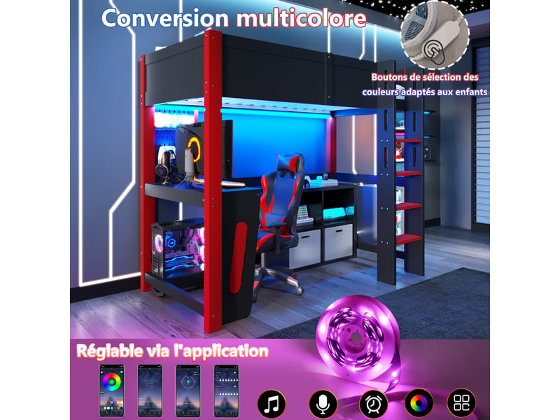 Lit mezzanine 90x200 cm en pin, bureau, panneau perforé, bandeau led, sans matelas, noir - Conforama D