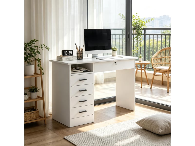  Bureau informatique avec 5 tiroirs dont 1 verrouillable et niche ouverte, 110 × 50 × 76 cm, blanc  - Conforama D