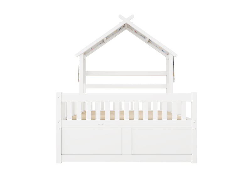  Lit maison 140x200 cm blanc, avec lit tirant, 3 tiroirs, garde-corps, structure bois, sommier inclus, sans matelas  - Conforama E