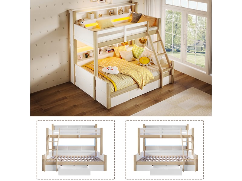 Lit superposé 3 places avec led, 1 tiroir et niches, 200x90 et 200x140 cm, sans matelas, blanc et naturel - Conforama E