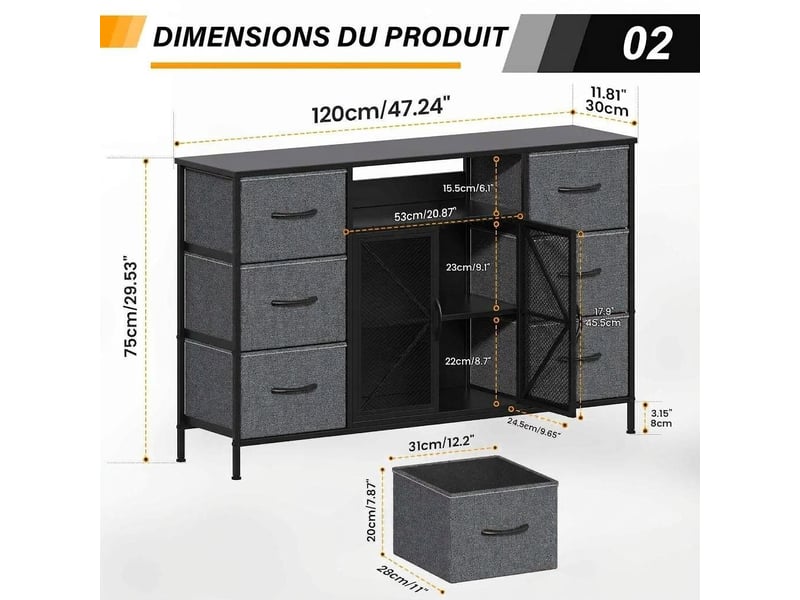  Meuble tv commode 120x30x75 cm six tiroirs tissu et portes metal gris fonce  - Conforama C
