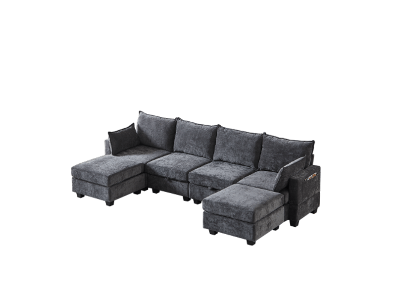 Canapé modulable en chenille 6 places, canapé d’angle u avec méridienne, ottoman de rangement, salon moderne  - Conforama D