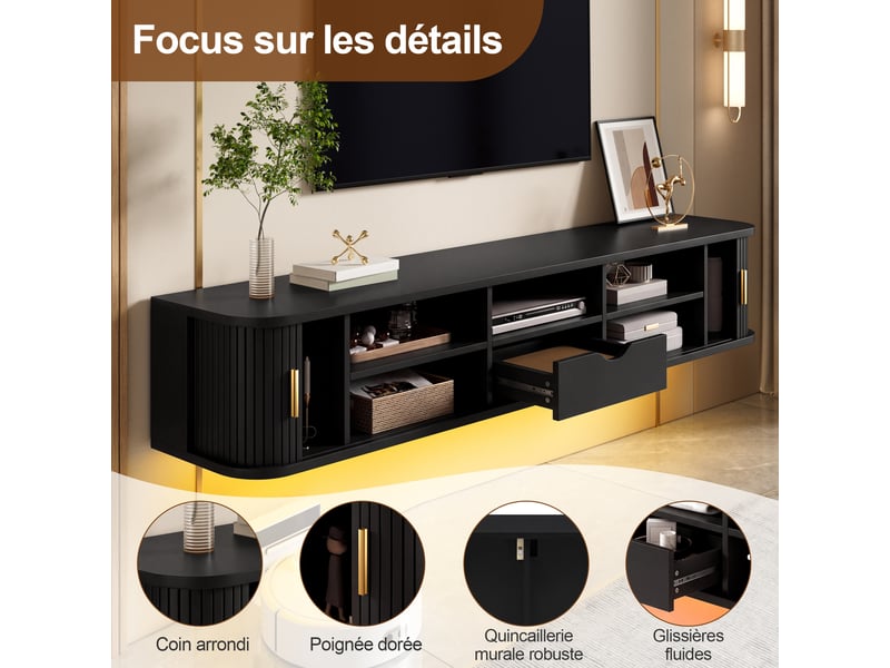  Meuble tv 175x30x30 cm, étagères réglables et led connectée, rangement multimédia pour salon, mdf, noir Morn Vibe - Conforama E