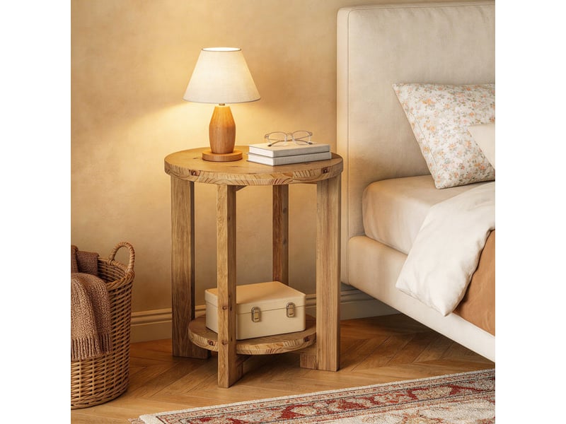  Table d'appoint ronde en bois massif avec rangement à 2 niveaux, table de chevet décorative, table de nuit ronde en bois pour salon, chambre, petits espaces, montage facile, marron  - Conforama E