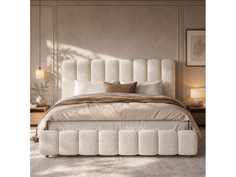 Lit double 180x200 cm en tissu bouclé blanc avec sommier à lattes  - Conforama D