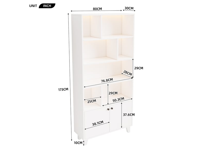  Bibliothèque 80x30x173 cm avec led, armoire de rangement, meuble de bureau, pieds en bois, 2 portes, mdf et bois, blanc  - Conforama C