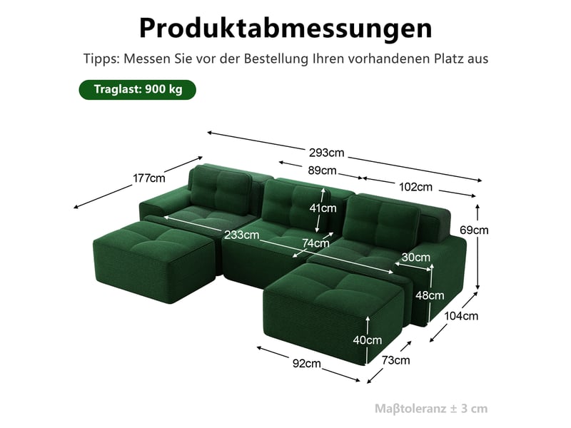  Canapé modulaire vert 3 places en velours côtelé, canapé modulable en u avec pouf, assise profonde et confort cloud sans montage  - Conforama B