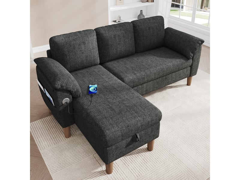  Canapé d'angle réversible 3 places avec coffre, ports usb et type c, poches latérales en chenille gris foncé  - Conforama D