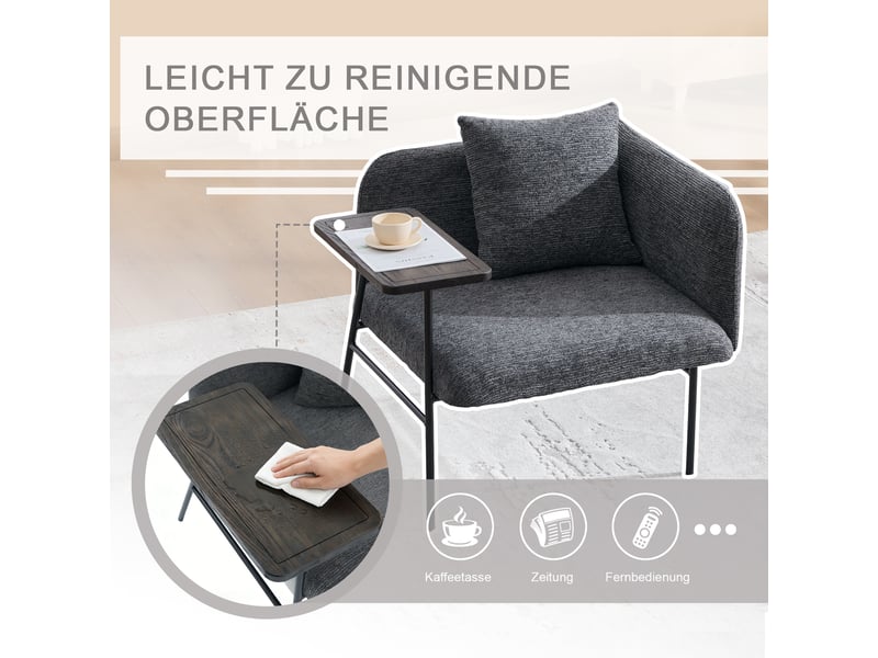  Fauteuil avec table d'appoint et poches latérales, assise rembourrée en chenille gris foncé, 86 × 72 × 71 cm  - Conforama E