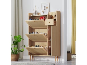 Meuble à chaussures en bois de rotin avec 3 portes basculantes et 1 tiroir pieds et poignées en bois massif