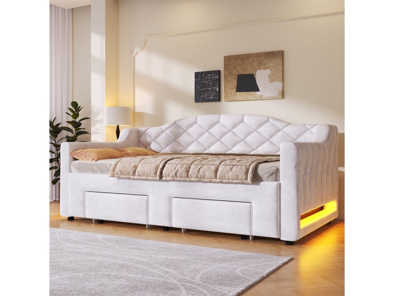  Modenvie banquette-lit gigogne 90x200180x200 cm - extensible, 2 tiroirs, led - blanc  - Conforama D