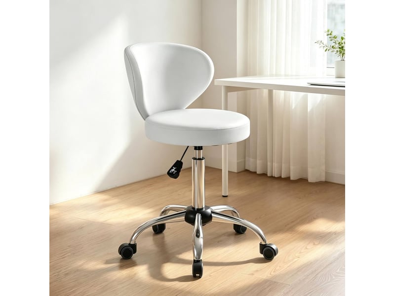  Tabouret de massage à roulettes blanc avec dossier, hauteur réglable 51 à 66 cm, pivotant à 360 degrés  - Conforama D
