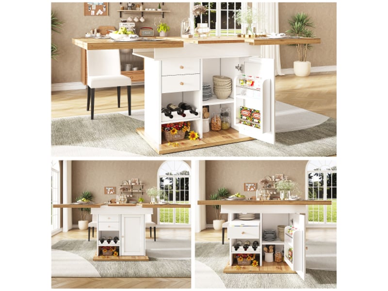  Table à manger 110-140 × 80 cm, table de cuisine pour 4 à 6 personnes, avec étagère à en-cas et casier à vin, blanc  - Conforama D