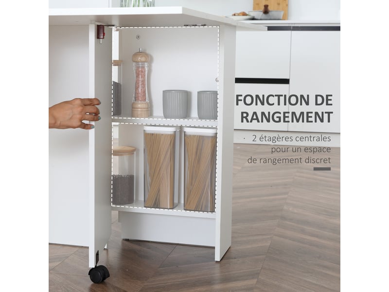  Table pliante de cuisine salle à manger amovible sur roulettes blanc 75l x 140l x 74h cm  - Conforama E