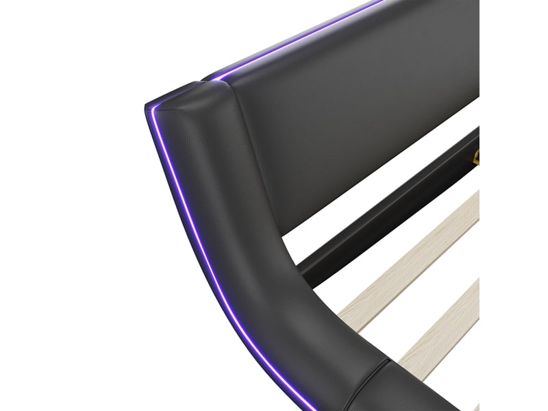 Lit double moderne 160x200 cm avec led et télécommande 24 touches, lit de sol, en pu et mdf, noir, sans matelas  - Conforama R