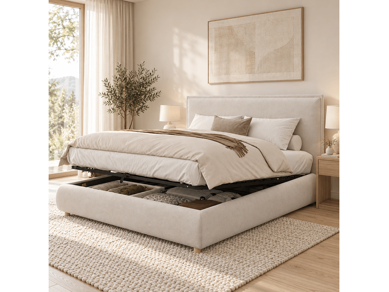  Lit double 160x200 cm en velours crème avec coffre hydraulique, sommier inclus et tête de lit, sans matelas  - Conforama B
