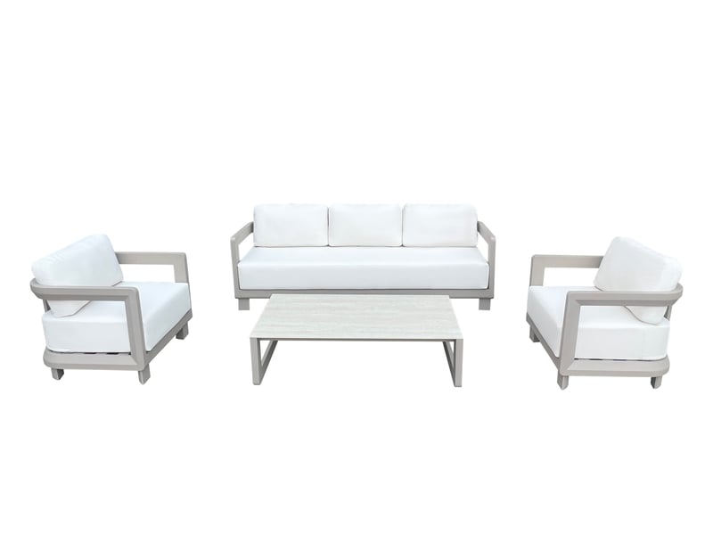  Salon de jardin bas 5p  en aluminium taupe avec plateau pierre calarossa 600812 - Conforama A