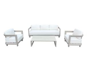 Salon de jardin bas 5p  en aluminium taupe avec plateau pierre calarossa
