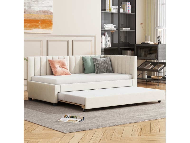  Lit banquette 90x200 cm avec lit gigogne et sommier à lattes, velours beige  - Conforama B