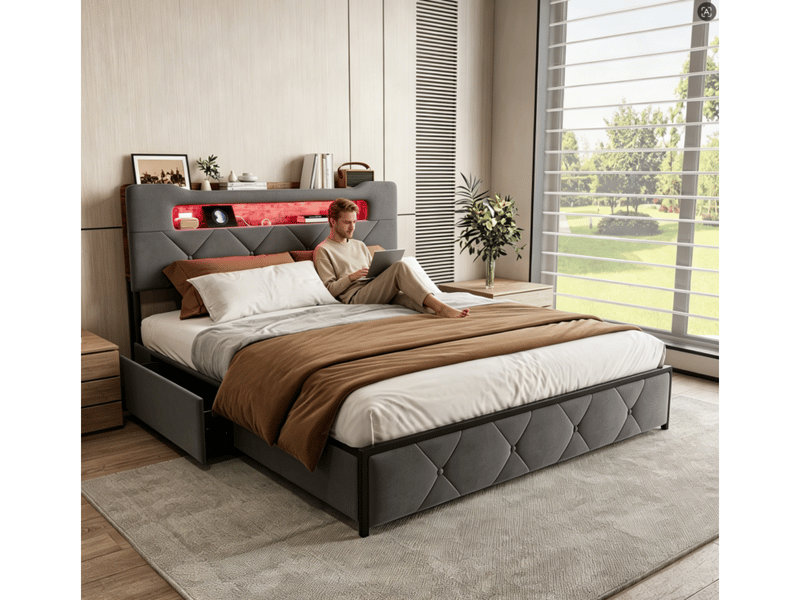 Lit 2 places 140 x 200 cm - gris - led, usb, rangement et 4 tiroirs - Conforama E