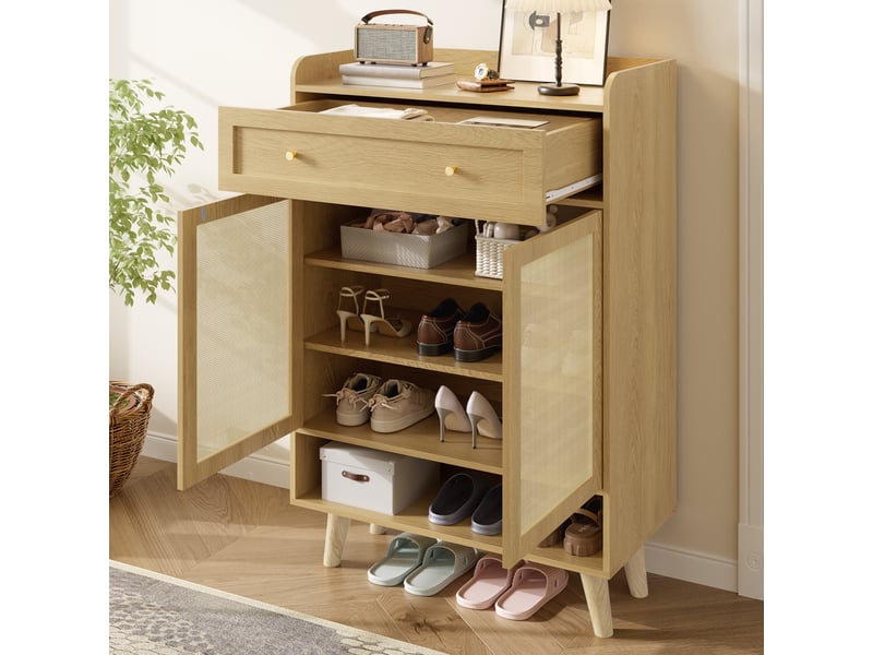  Meuble à chaussures avec 2 portes en rotin, 4 étagères et 1 tiroir, chêne clair, 80 x 105 x 35 cm  - Conforama B
