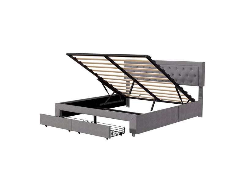  Lit double coffre 160x200, rangement hydraulique sous le lit, 2 tiroirs au pied, sommier à lattes, tissu velours, gris  - Conforama A