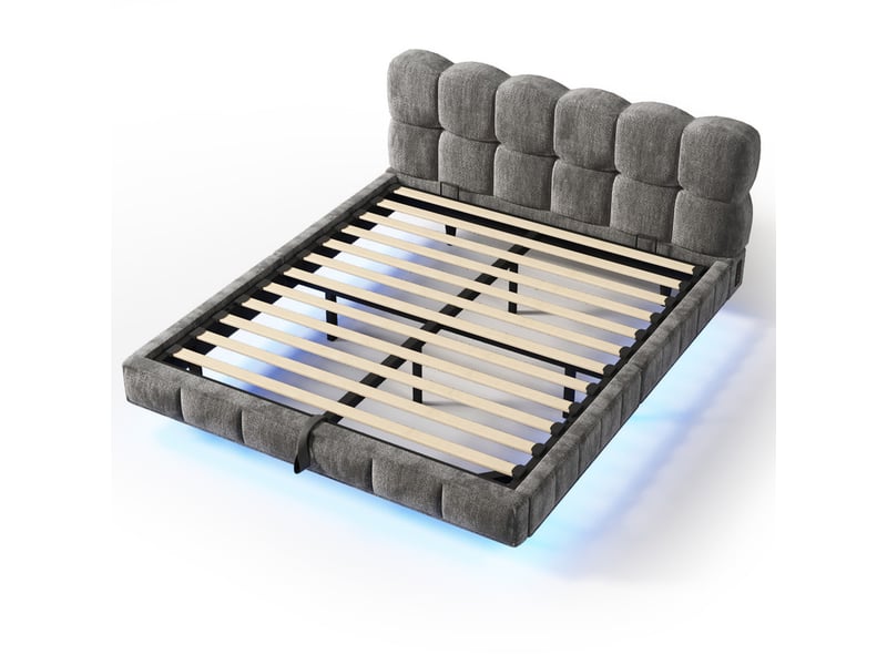 Lit rembourré 140x200cm, design bubble nuage suspendu, coffre hydraulique, led, charge usbtype-c, chenille gris - Conforama A