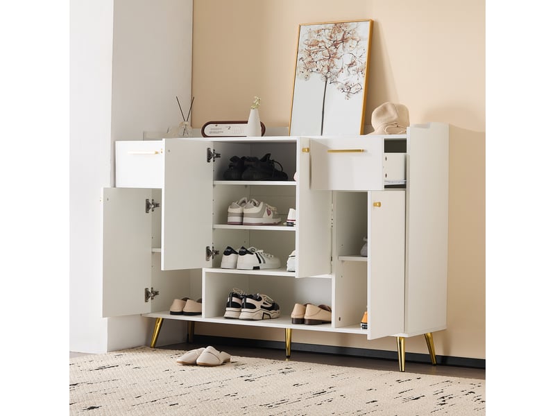  Meuble à chaussures blanc – 2 tiroirs, 4 portes et niche ouverte – 130 x 37 x 100 cm  - Conforama C