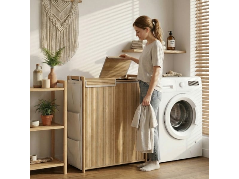  Panier à linge en bambou naturel 120l avec sac amovible à cordon et poches latérales de rangement  - Conforama D