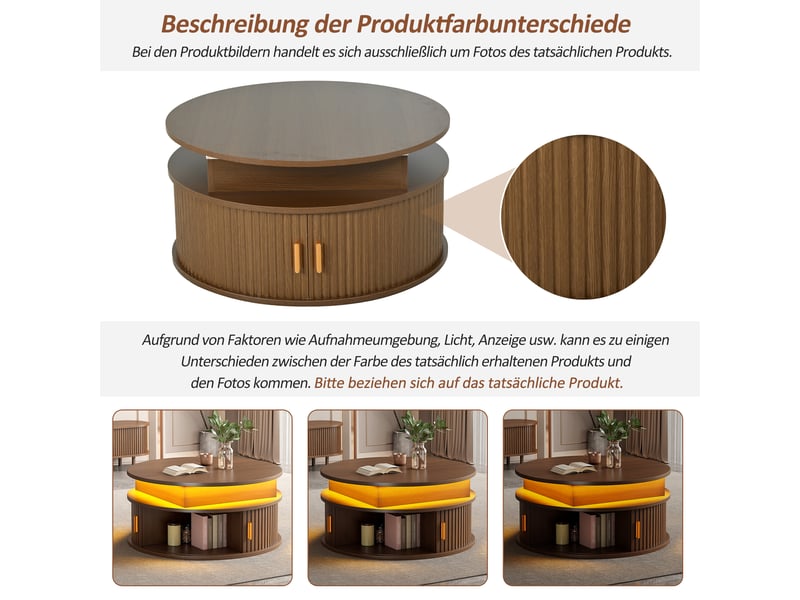 Table basse ronde 75 cm réglable en hauteur avec led et rangement noyer - Conforama E