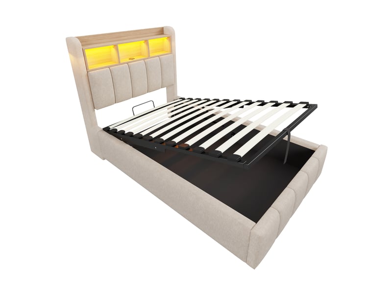  Lit rembourré 90x200 cm beige avec matelas, led, usb et rangement hydraulique  - Conforama E