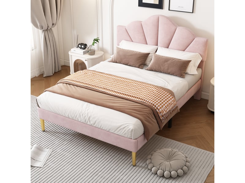  Lit enfant 140x190 cm, lit en forme de coquille avec pieds en fer doré, tête de lit réglable en hauteur, sommier à lattes en bois, rose  - Conforama B