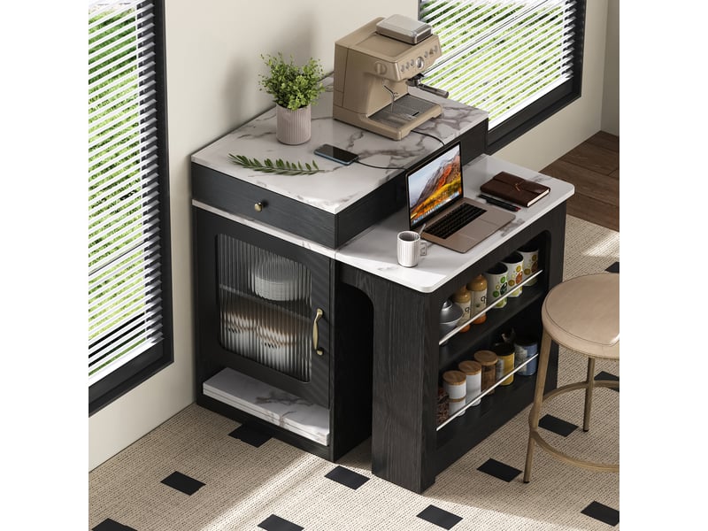 Îlot de cuisine sur roulettes table extensible 80 x 71-151 cm multiprise tiroir meuble bar noir - Conforama D