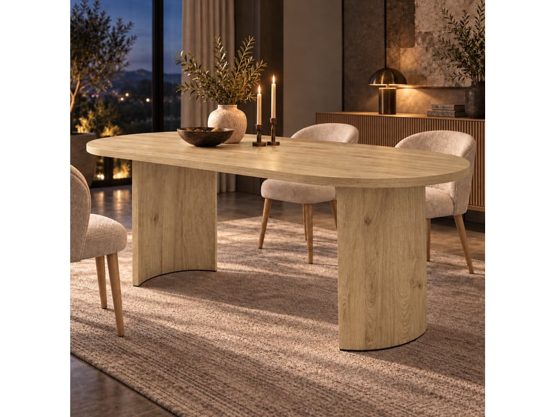  Table de salle à manger pour 6 à 8 personnes avec plateau aux coins arrondis et pieds courbés en mdf coloris chêne  - Conforama E