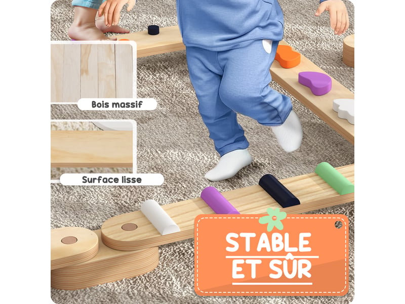  Poutre d'équilibre en bois pour enfants 3-8 ans avec pierres d'obstacle colorées, intérieur et extérieur  - Conforama R