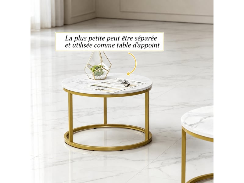  Lot de 2 tables basses gigognes rondes plateau effet marbre blanc et structure en métal doré  - Conforama W